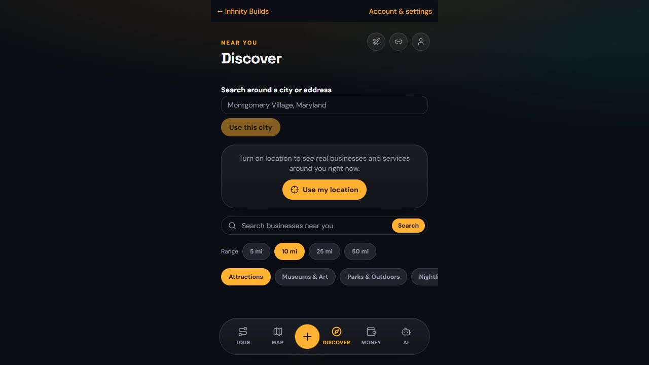 Actual TourPal discovery interface with place categories and city search